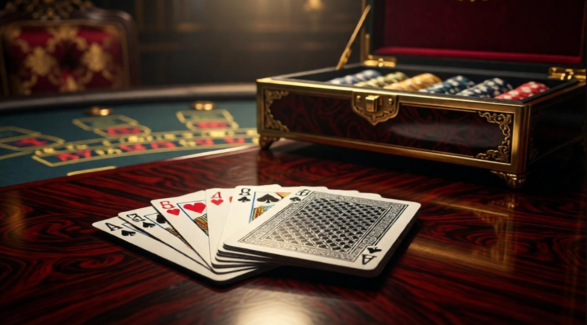 Table de baccarat haut de gamme avec cartes disposées et sabot doré