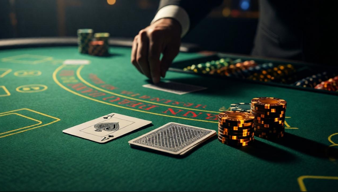 Table de blackjack avec croupier, carte As visible et jetons empilés