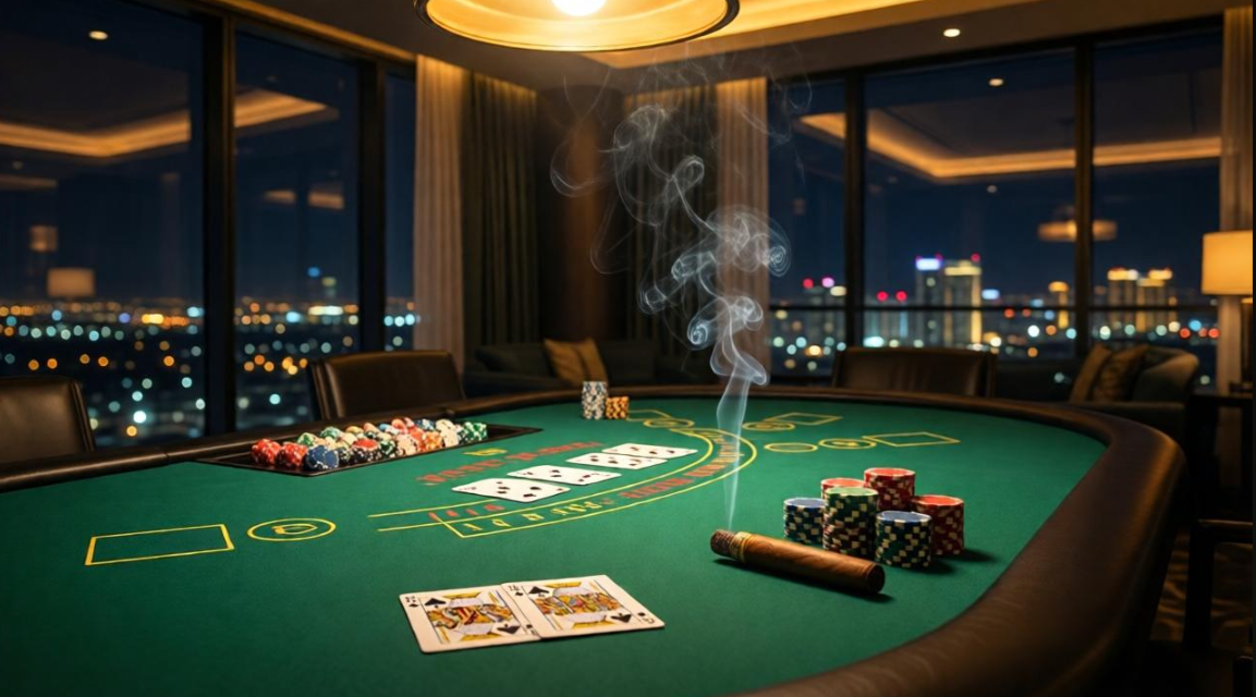 Table de poker au casino avec cartes et jetons — ambiance Vegas penthouse